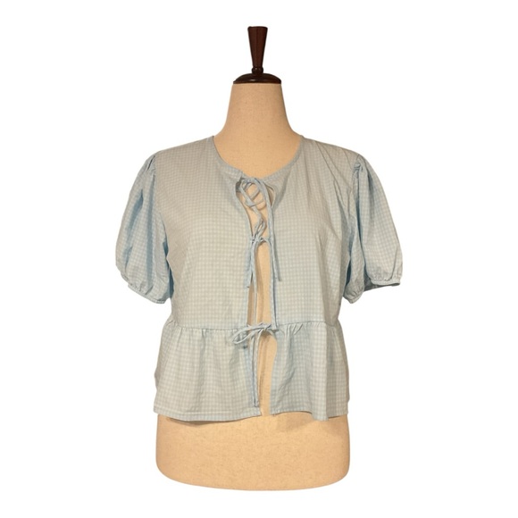 NWT Wild Fable Puff Sleeve Tie Front Peplum Blouse- Blue (L) - Picture 3 of 5